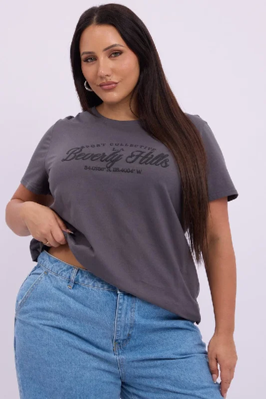 Casual Chic Grey Graphic T Shirt Short Sleeve Crew Neck