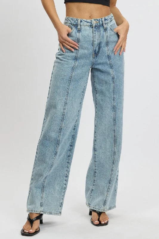 Women's Vacation Attire Denim Wide Leg Jean Mid Rise