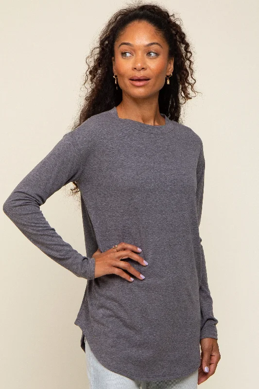 Casual Fashion Charcoal Long Sleeve Curved Hem Top