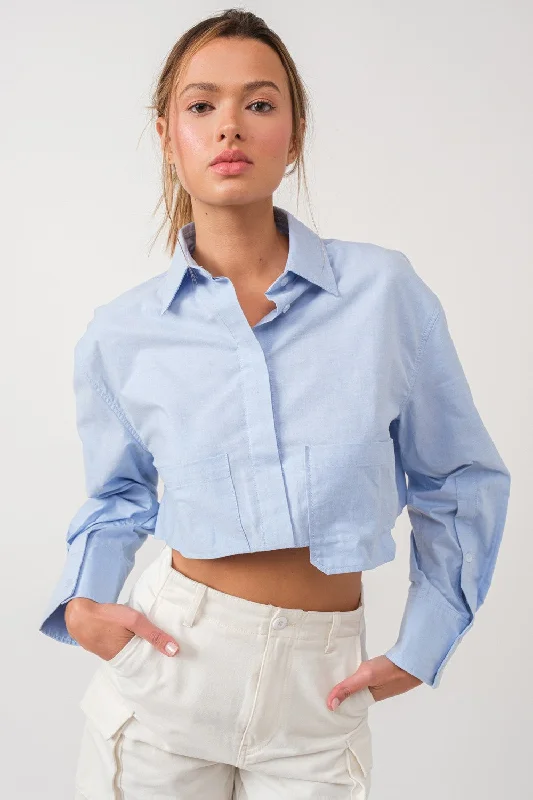 Women's Luxury Apparel Blue Pocket Detailed Cropped Shirt