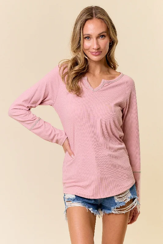 Women's Luxury Apparel Mauve V-Neck Long Sleeve Shirt