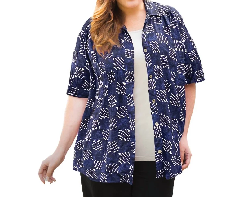 Sale On Sale Printed Short Sleeve Collar Button Up Elaine Shirt - Plus Size In Blue Tribal