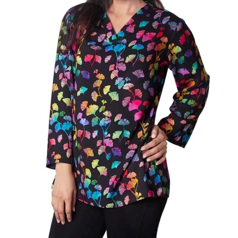 Luxury Fashion Rainbow Ginkgo Leaves V-Neck Tunic Top