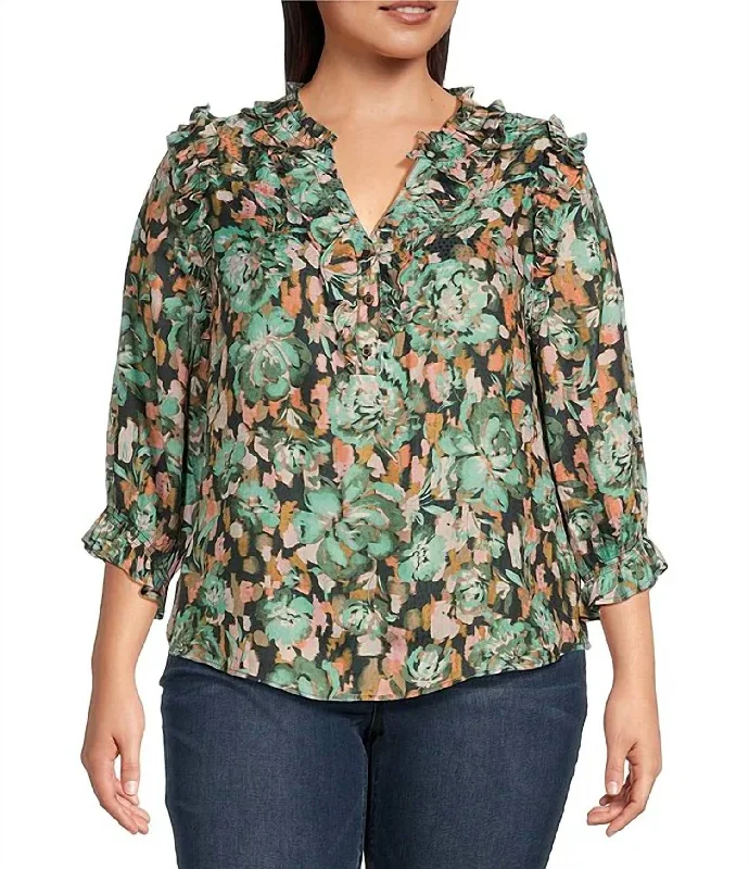 Luxury Women's Clothing Woven Floral Top - Plus In Black/frosty Mint Multi