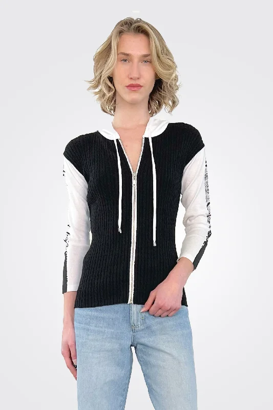 Women's Professional Outfit Sleeve Detail Zip Up Hoodie - White / Black