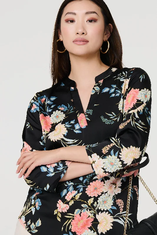 Seasonal Sale Floral Print 3/4 Sleeve V-Neck Blouse