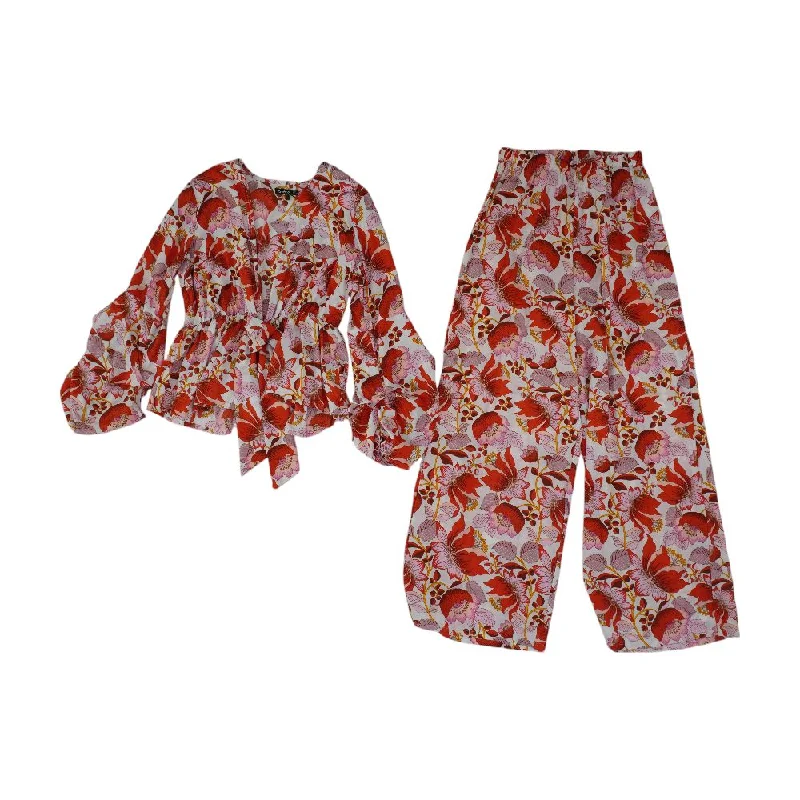 Business Casual Outfits Red Floral Knit Top and Pant Set