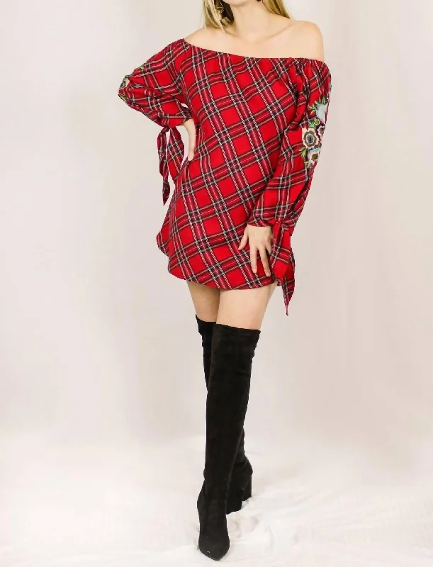 Affordable Women's Clothes Floral Embroidered Tunic In Vibrant Red Plaid