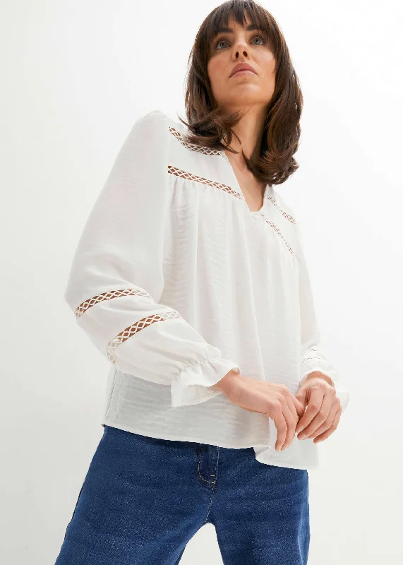 Rocker Chic Fashion Lace Trim Blouse - White