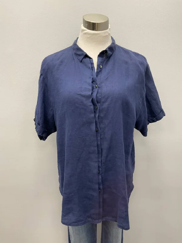 Casual Fashion for Women Short Sleeve Linen Shirt In Navy