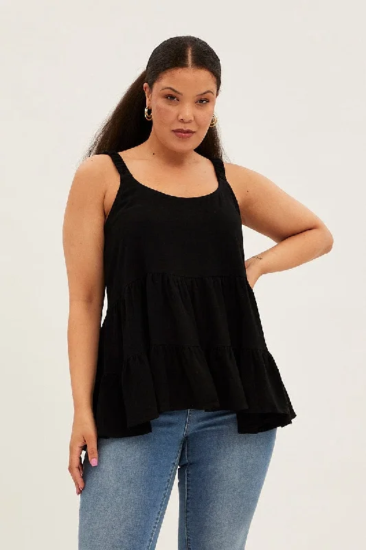 Relaxed Fashion Black Relaxed Top Sleeveless Tiered Linen Blend