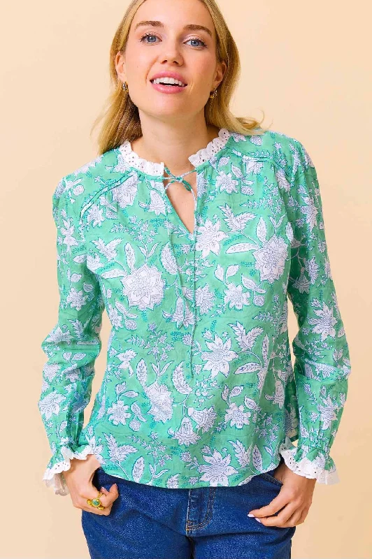 Clothes Woman Rosie Organic Cotton Block Print Blouse | Lotus Green/Blue