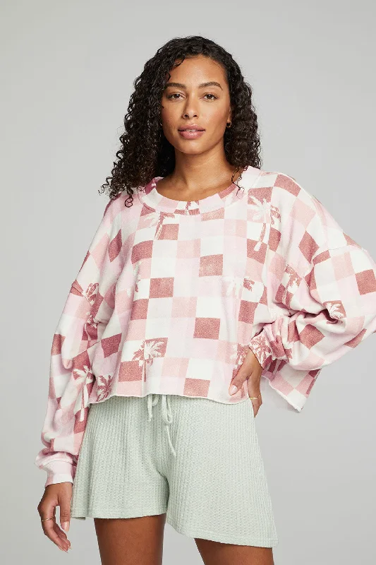 Seasonal Women's Fashion Trends Checkered Palms Print Pullover