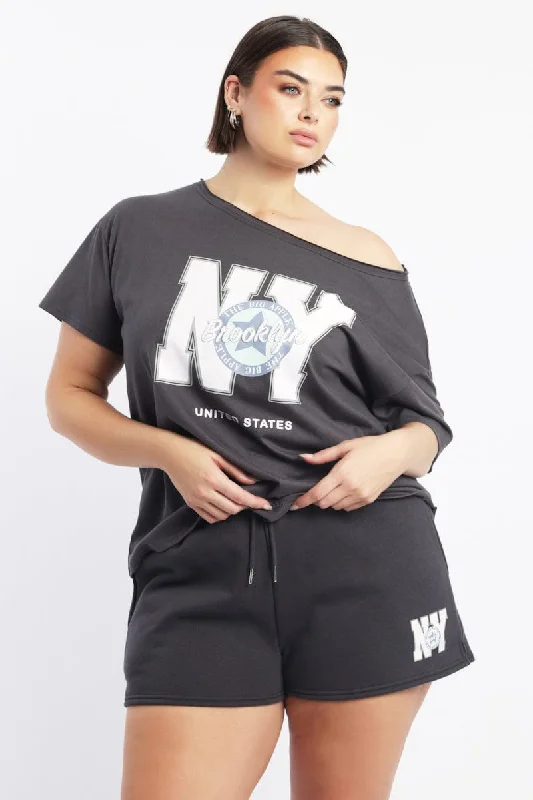 Relaxed Style Grey Graphic T Shirt Off Shoulder Short Sleeve