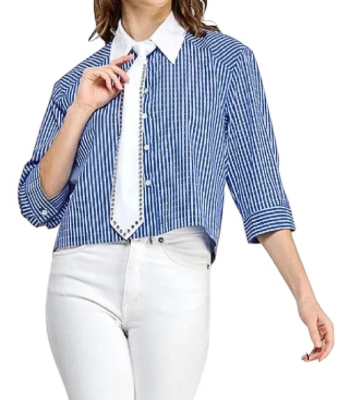 Women's Vacation Attire Roberta Embellished Striped Cropped Shirt With Tie In Blue