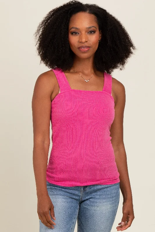 Boho Chic Fashion Fuchsia Ribbed Square Neck Tank Top