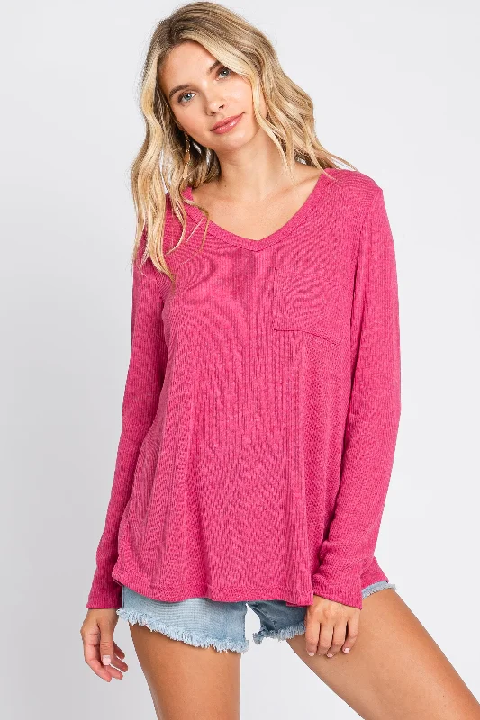 Casual Chic Clothing Fuchsia Ribbed Knit Long Sleeve Top