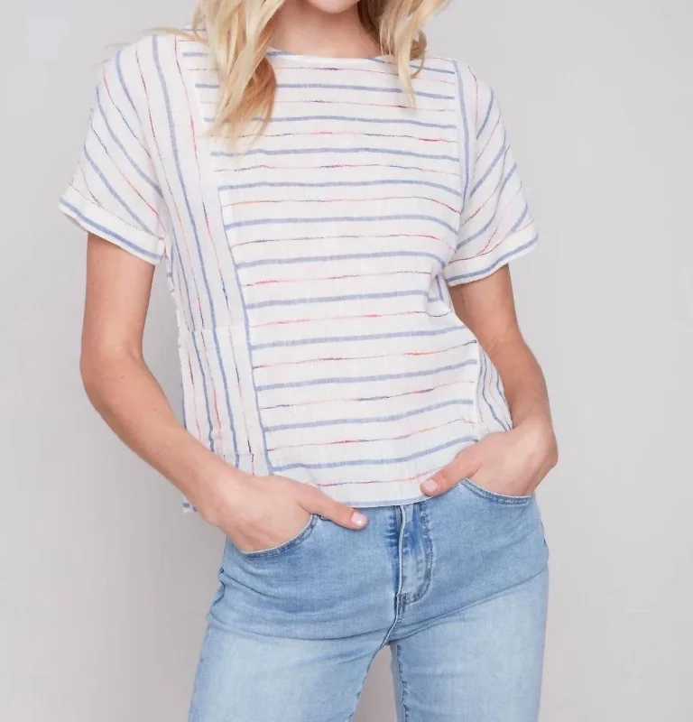 Women's Cozy Outfit For Lounging Short Sleeve Stripe Top In Blue/red