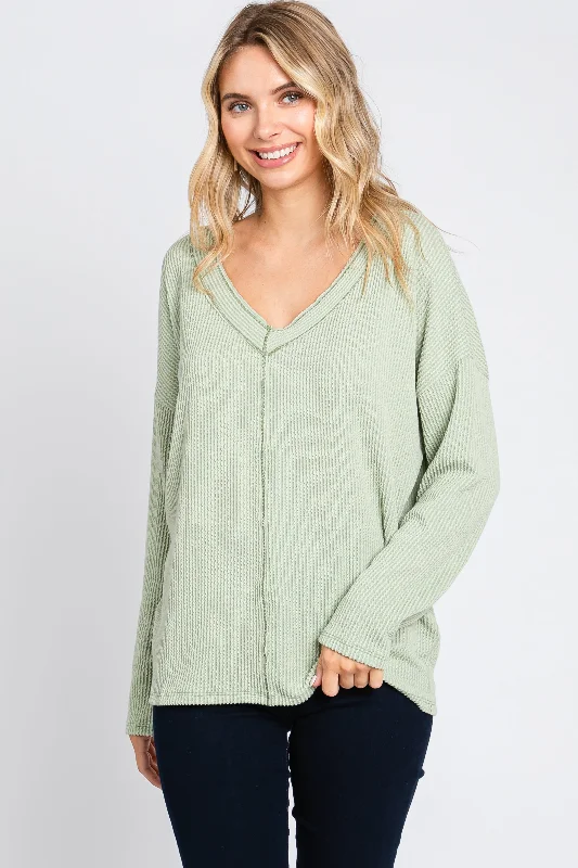 Sophisticated Outfits Light Olive Ribbed V-Neck Long Sleeve Top