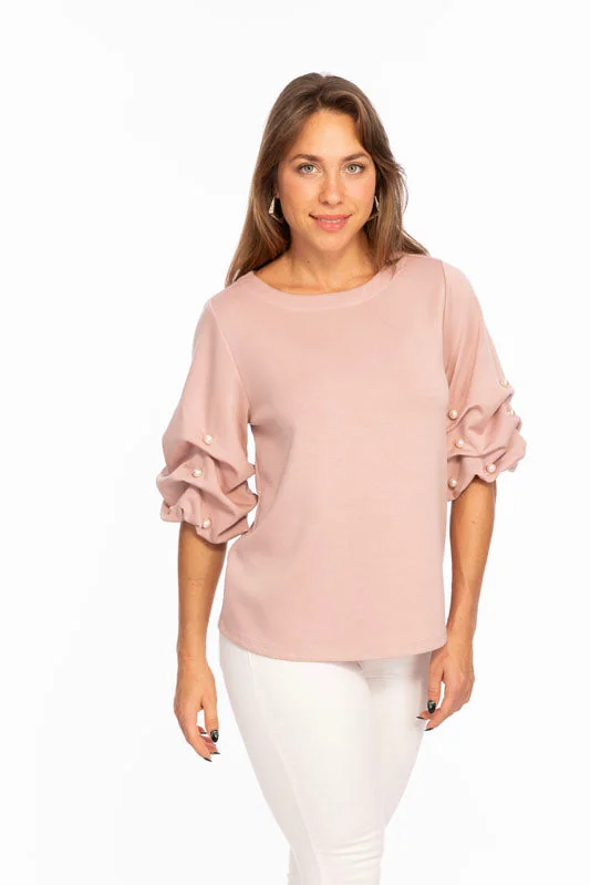 Clothes Women Soft Buttery Knit Top With Pearls Puff Sleeves Detailing LIOR | ZILA