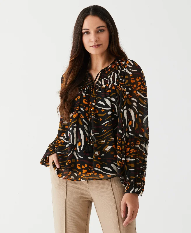 Outlet Clothing Animal Print Smocked Split Neck Blouse