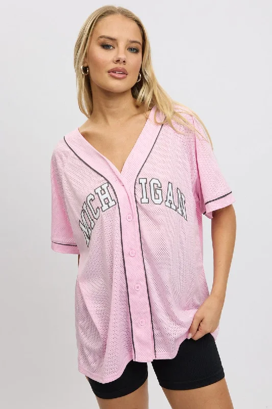 Fashion Essentials Pink Graphic Top Oversized Short Sleeve