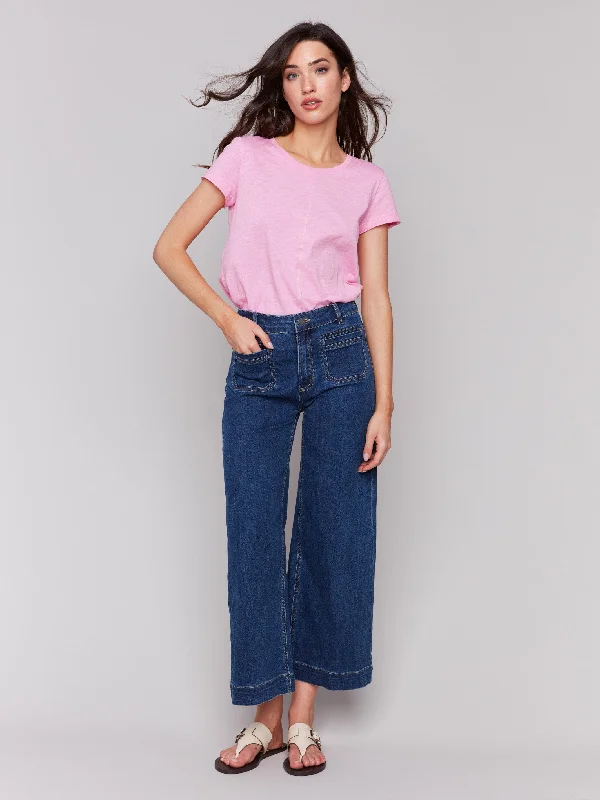 Vibrant Femme Fashion Patch Pocket Flare Jeans - Indigo