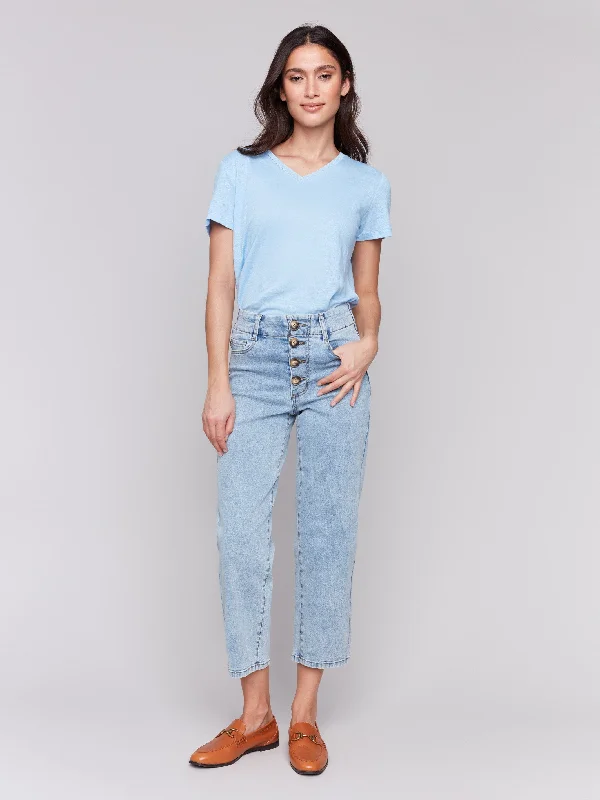 Premium Style Front Button-Fly Straight Crop Jeans - Light Blue