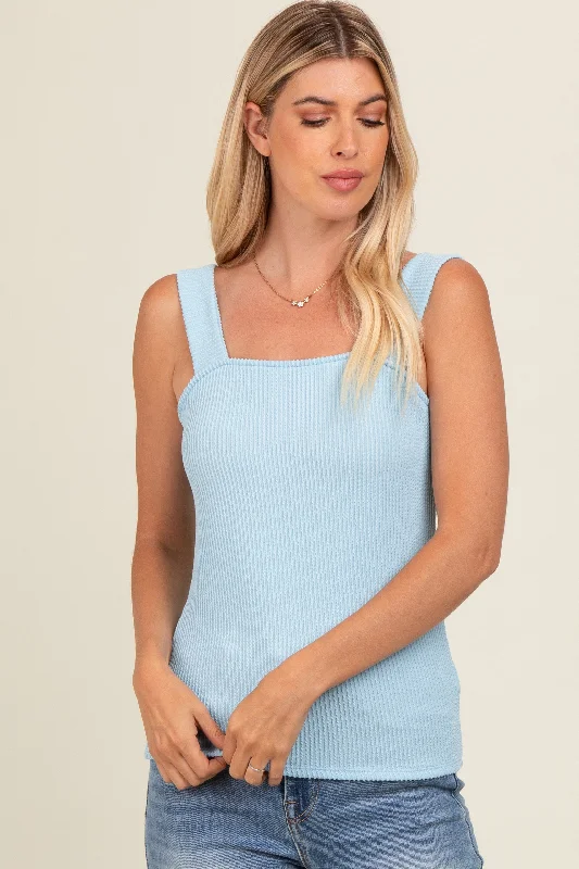 Bold Prints Casual Chic Light Blue Ribbed Square Neck Tank Top