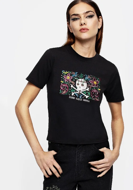 Save Big Death Conquers All Floral Skull Embroidered Graphic Crop Tee