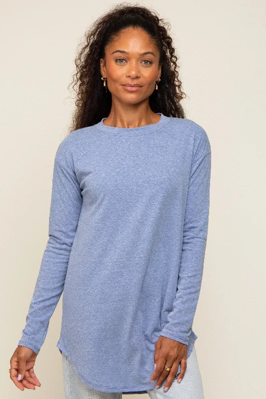 Festival Fashion Blue Long Sleeve Curved Hem Top