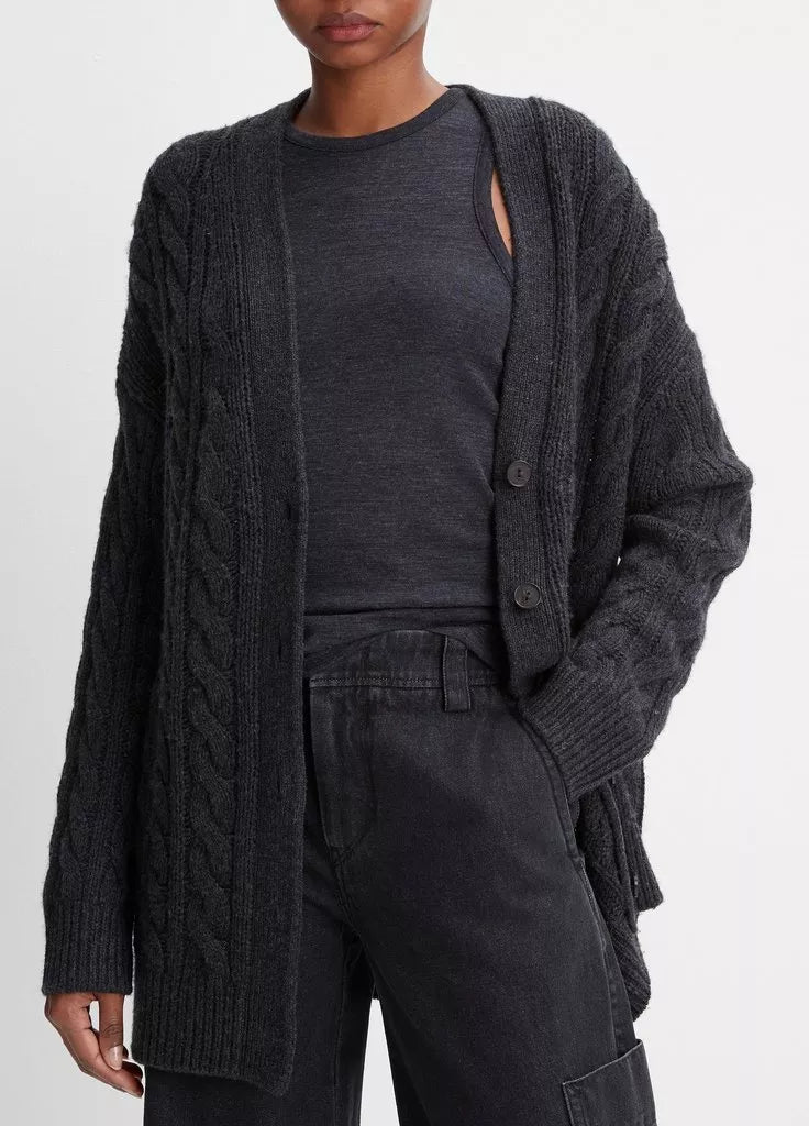 Athleisure Wear Wool and Cashmere Oversized Twisted Cable Cardigan - Heather Charcoal