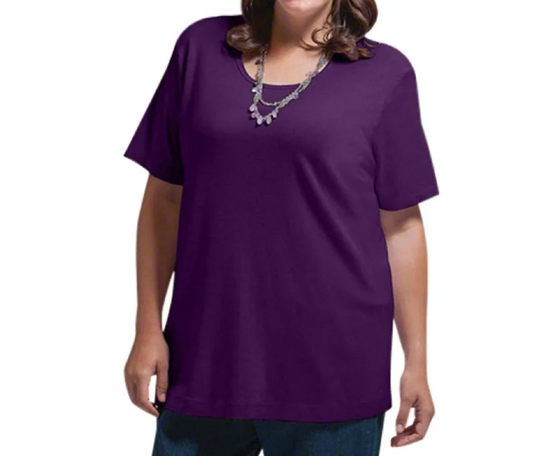 Versatile Women's Fashion Solid Short Sleeve U-Neck Tee - Plus In Purple