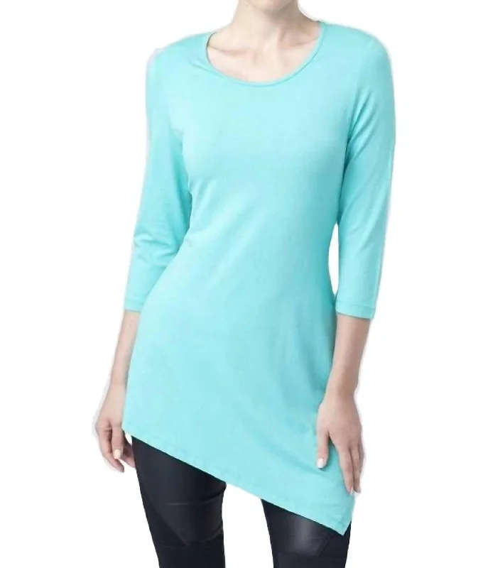 Everyday Wear Asymmetrical 3/4 Sleeve Tunic Top In Turquoise