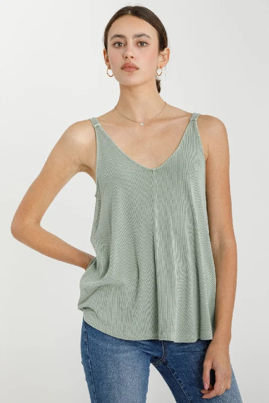 Exclusive Sale Light Olive Ribbed V-Neck Flowy Tank