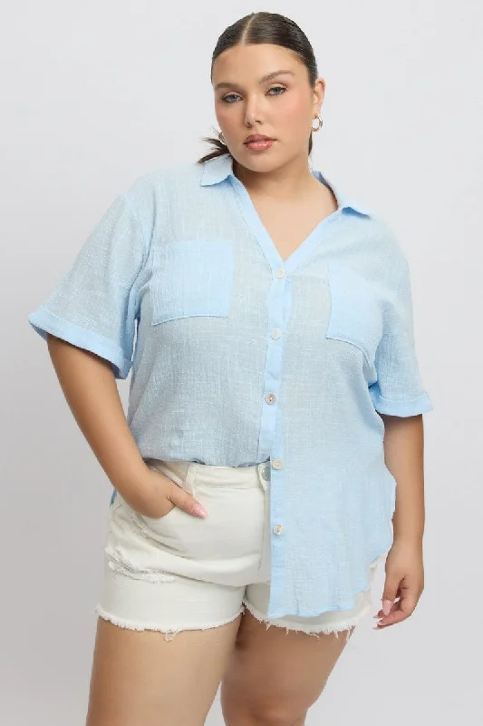 Holiday Gift Guide Sale Blue Relaxed Shirt Short Sleeve Pocket