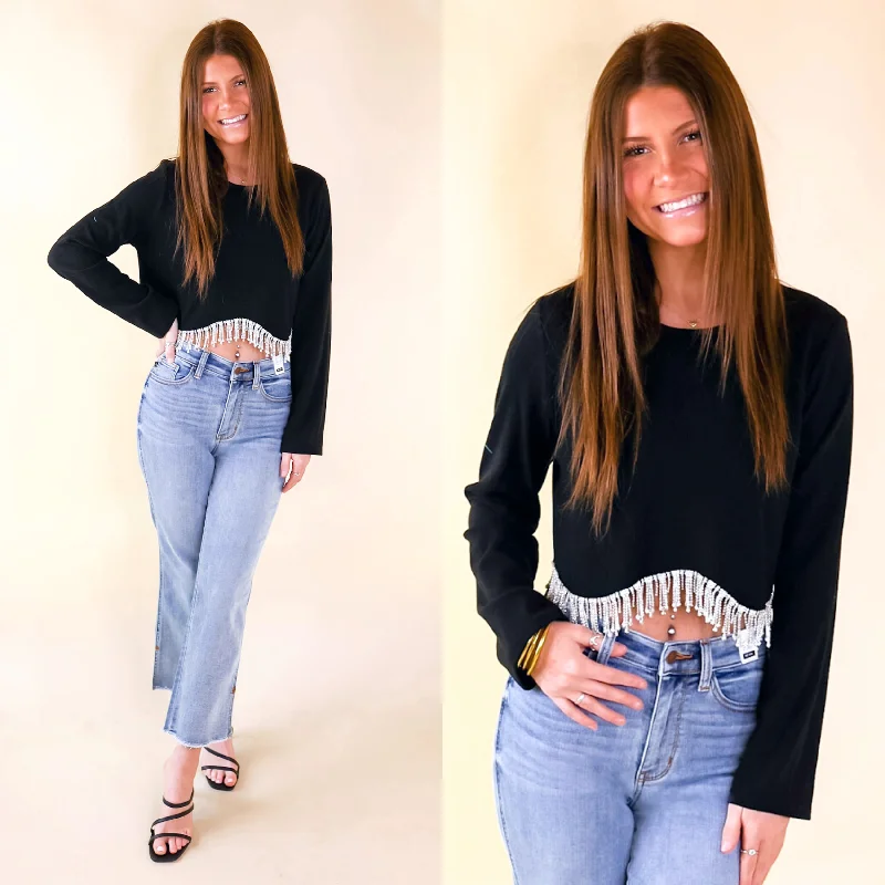 Casual Chic for Women Signature Look Long Sleeve Crop Top with Crystal Fringe Trim in Black