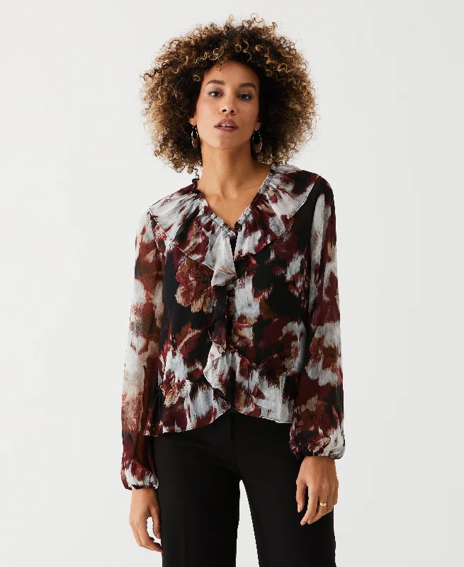 Sales For Clothes Petite Printed V-Neck Ruffle Blouse