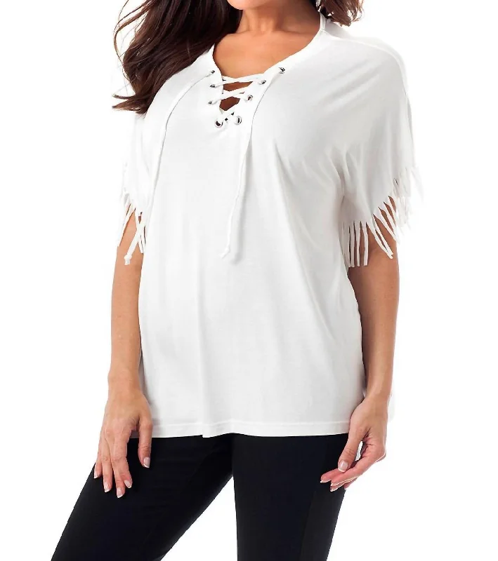 Stylish Savings Stone Wash Fringed Tunic In Cream