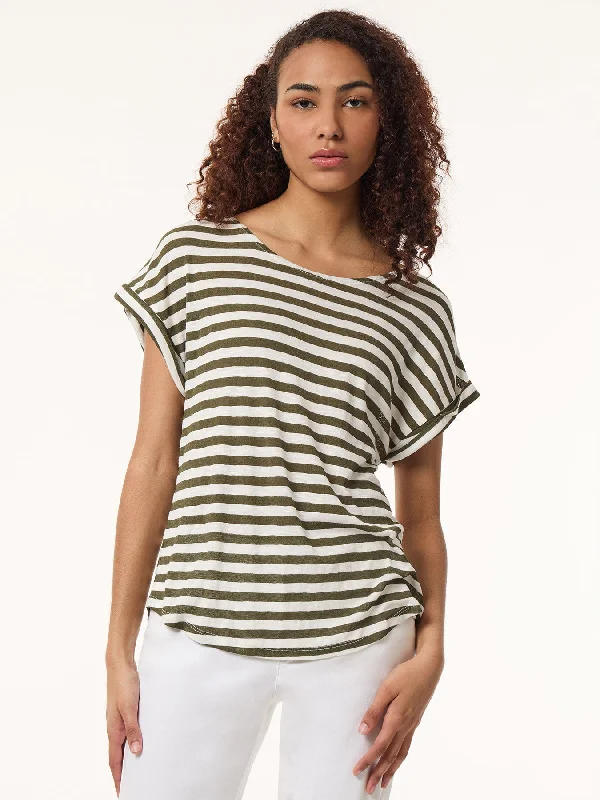 Women's Luxury Garments Drop Shoulder Jewel Neck Top, Striped Knit