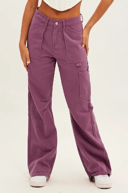 Women's Elegant Formal Outfit Purple Cargo Jeans Mid Rise