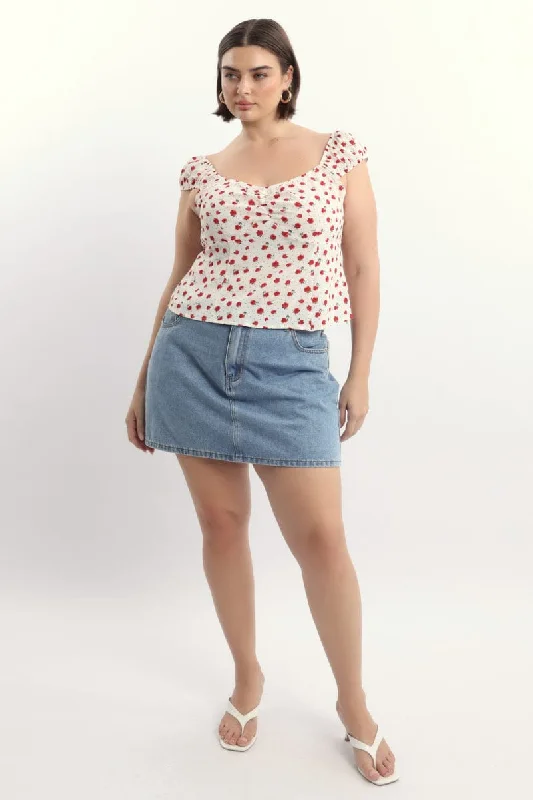 Must-Have Styles White Ditsy Ruched Top Short Sleeve