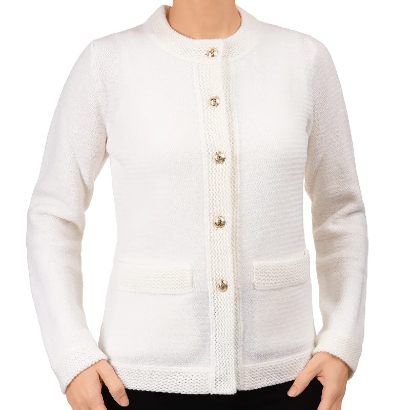 Elegant Women's Fashion Traforato Trim Cardigan in White