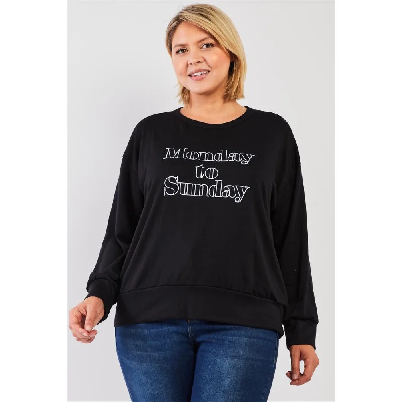 Women's Resort Apparel Black "monday Sunday" Print Long Sleeve Relaxed Sweatshirt Top