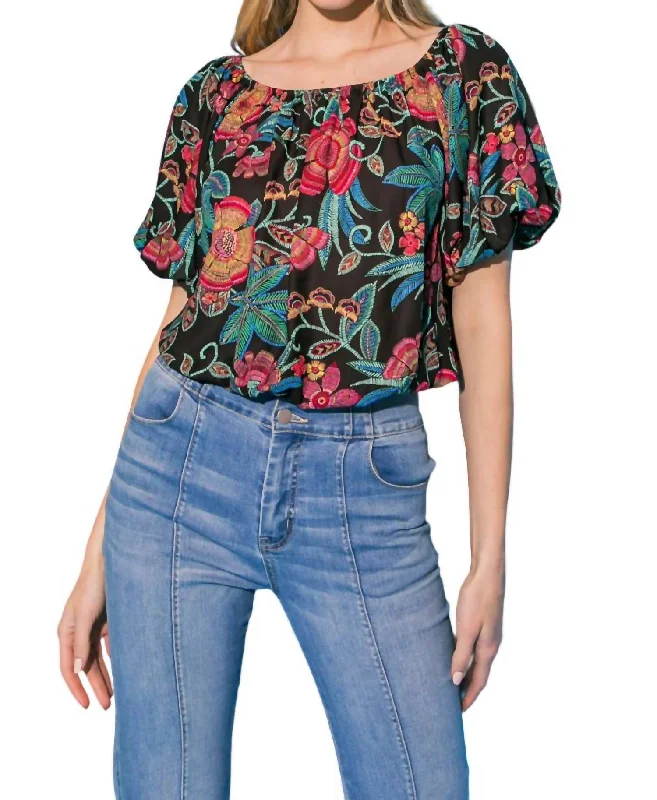 Women's Transitional Attire Floral Top With Puff Sleeves In Black