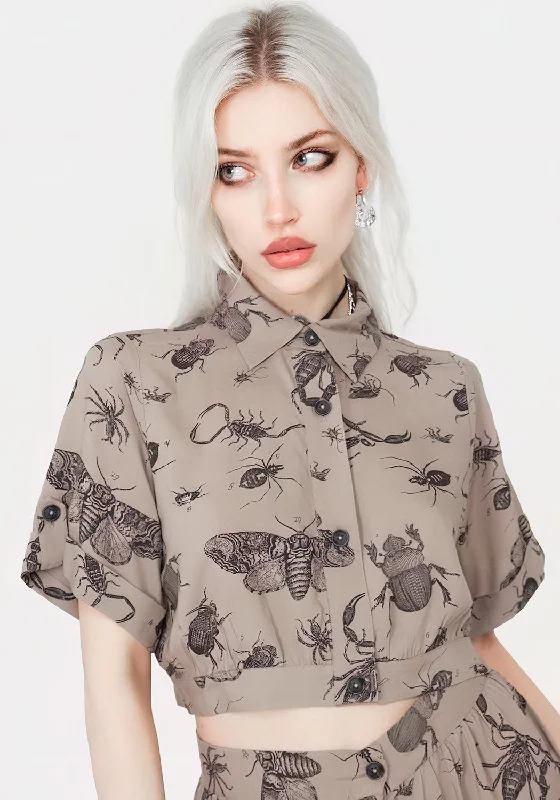 Earthy Tones Parasite Bugs Print Crop Short Sleeve Shirt - Taupe