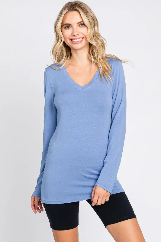 Business Casual Outfits Blue Fitted Long Sleeve Top