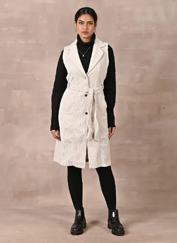 Bold Prints Casual Chic White Sleeveless Corduroy Trench Coat