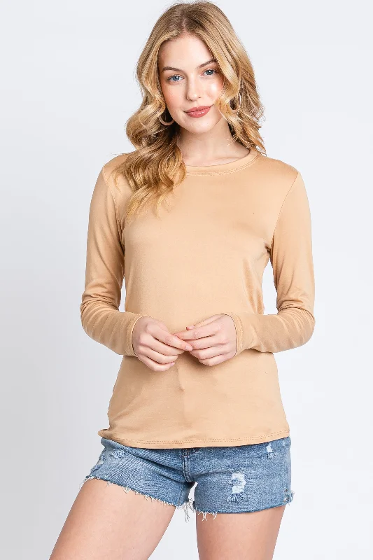 Timeless Women's Apparel Camel Knit Long Sleeve Round Hem Top