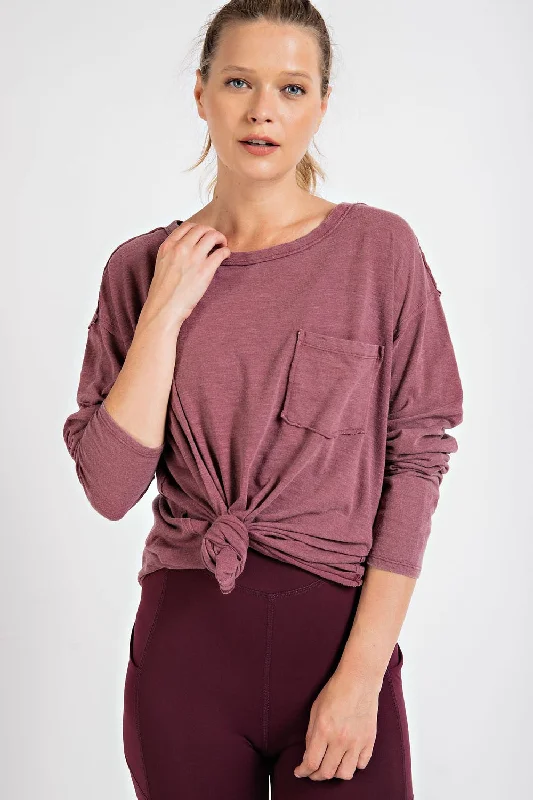 Women's Versatile Apparel Burgundy Mineral Wash Front Pocket Long Sleeve Top